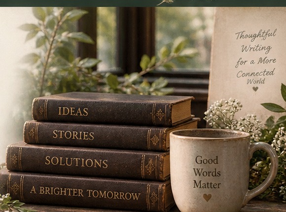 A cozy writing scene with books, greenery, flowers, and a mug